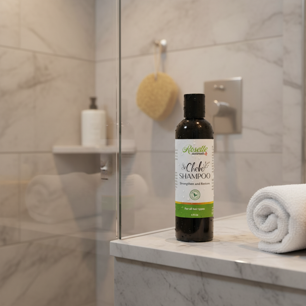 Chebe Shampoo in elegant bathroom shower setting