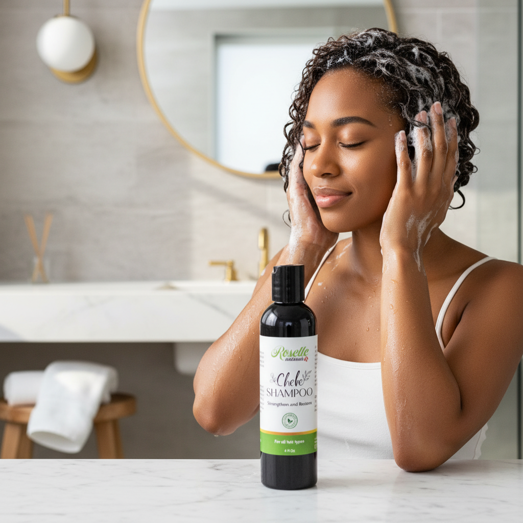 Chebe Shampoo on counter with woman shampooing hair